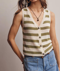Forte Striped Button-front Knit Vest Top in sage - women's tank top - alternate view