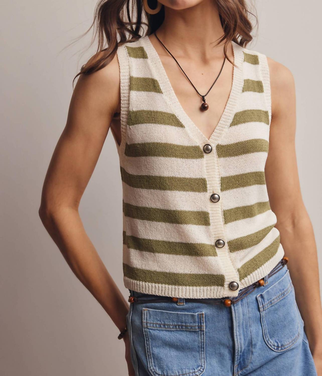 Forte Striped Button-front Knit Vest Top in sage - women's tank top - alternate view