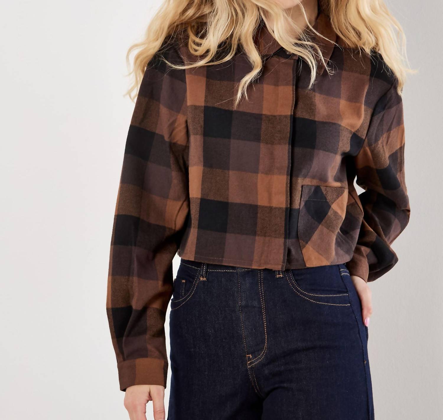 Apricot - Buffalo Check Cropped Shirt Top