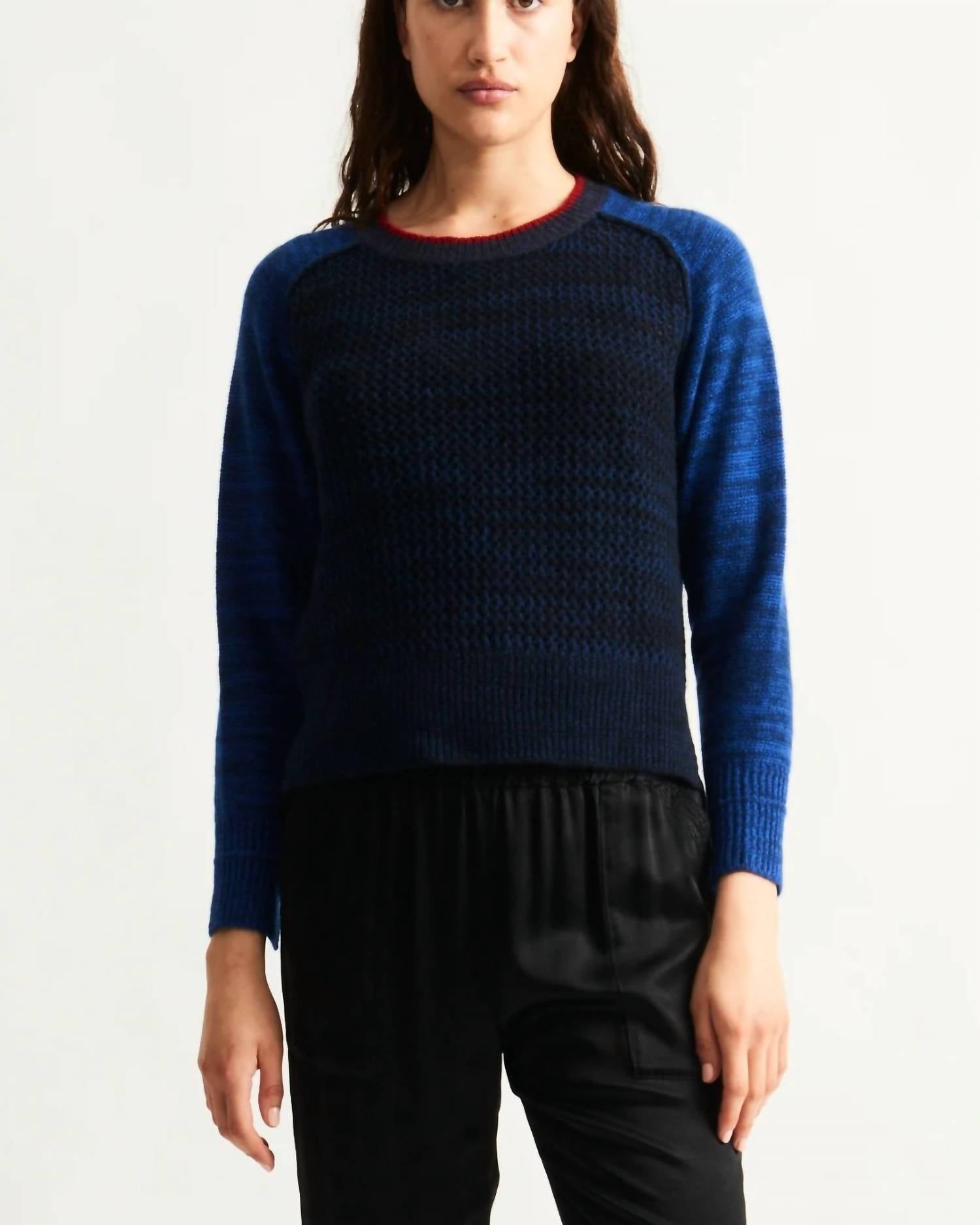 Raquel Allegra Lilith Long Sleeve Sweater in indigo blue - women's sweater - detail view