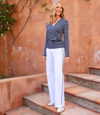 Karen Kane - Long Sleeve Stripe Side-shirred Crossover Top
