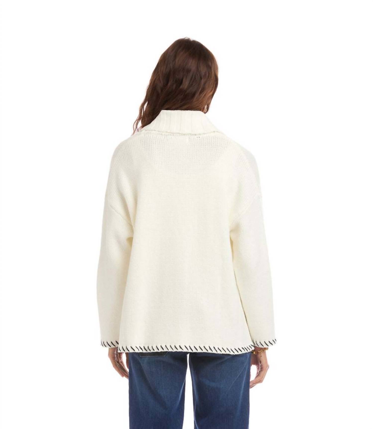 Karen Kane Contrast Stitch Open Front Cardigan Sweater in off white with navy - women's cardigan - alternate view