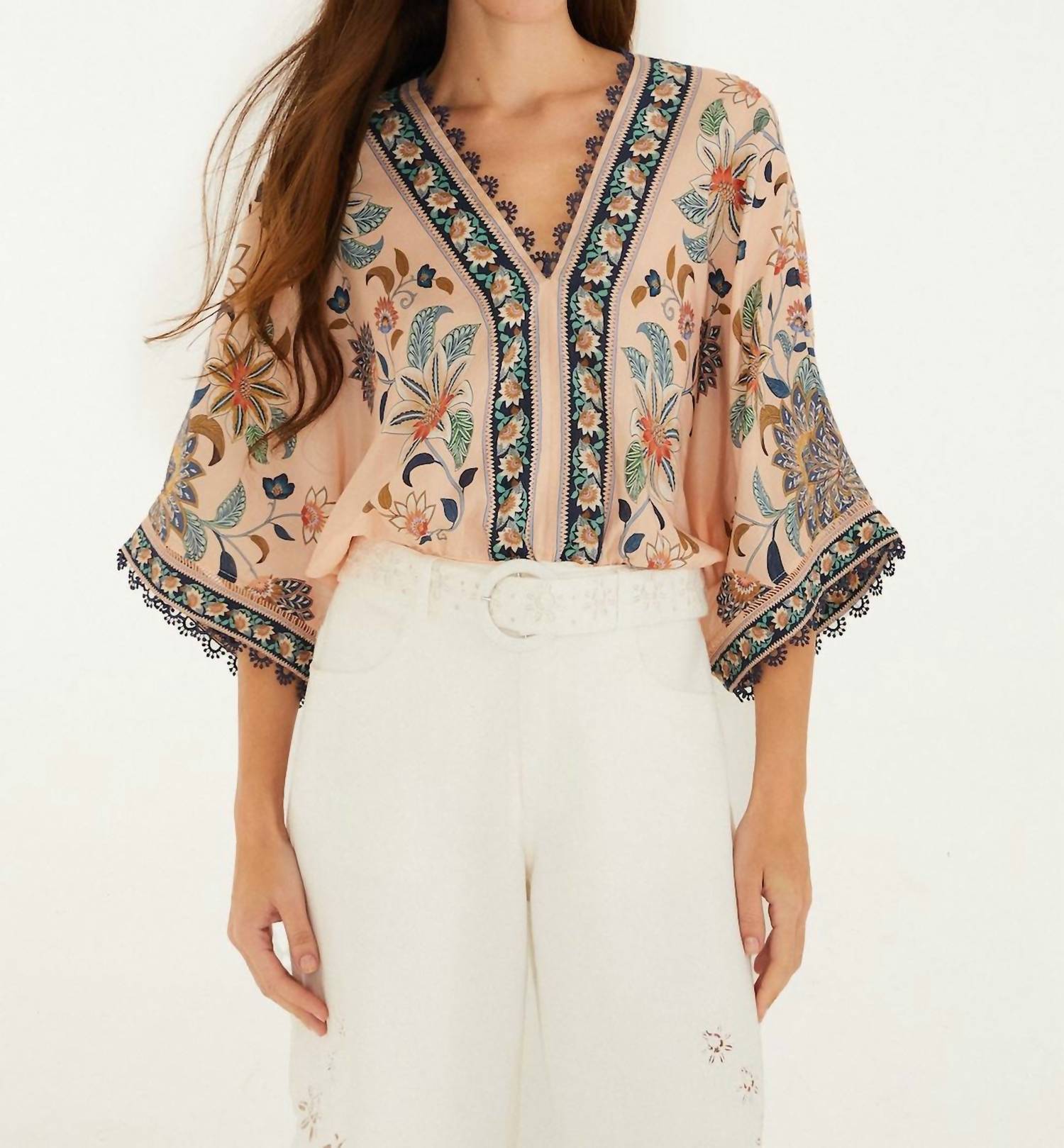 FARM RIO Floral Delhi Tapestry Bodysuit in light pink - women's shirt