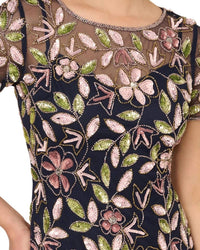 Adrianna Papell - Beaded Mesh Overlay Illusion Short Sleeves A-line Dress