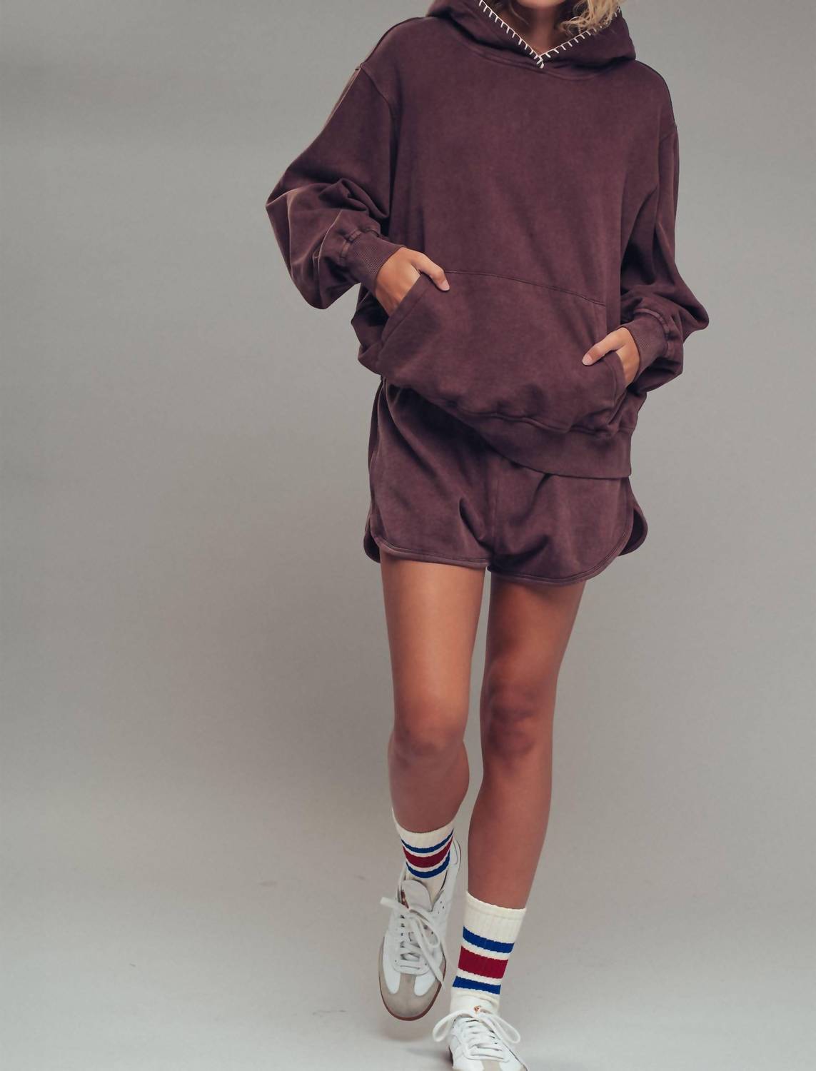 Urban Daizy - Vintage-wash Crochet Trim Hooded Sweatshirt