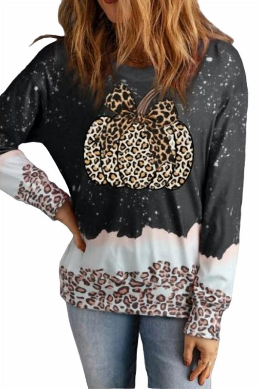 Lovesoft - Bow Pumpkin Leopard Bleached Sweatshirt