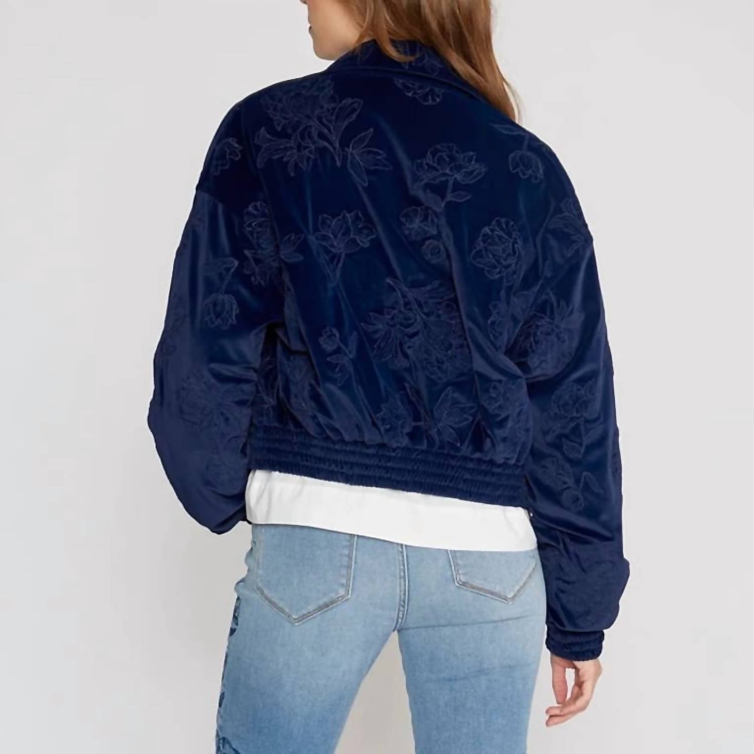DRIFTWOOD Detroit Velvet Etched Bomber Jacket in one color - women's jacket - detail view