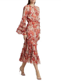 cinq a sept Damask Sunnina Midi Dress in pink poppy multi - women's dress - detail view