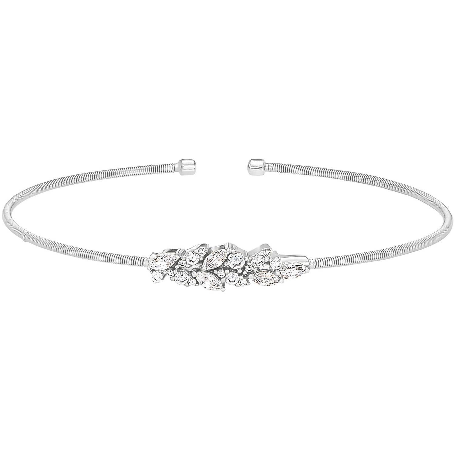 Bella Cavo - Rhodium Cable Cuff Bracelet with Simulated Diamond Leaf Pattern