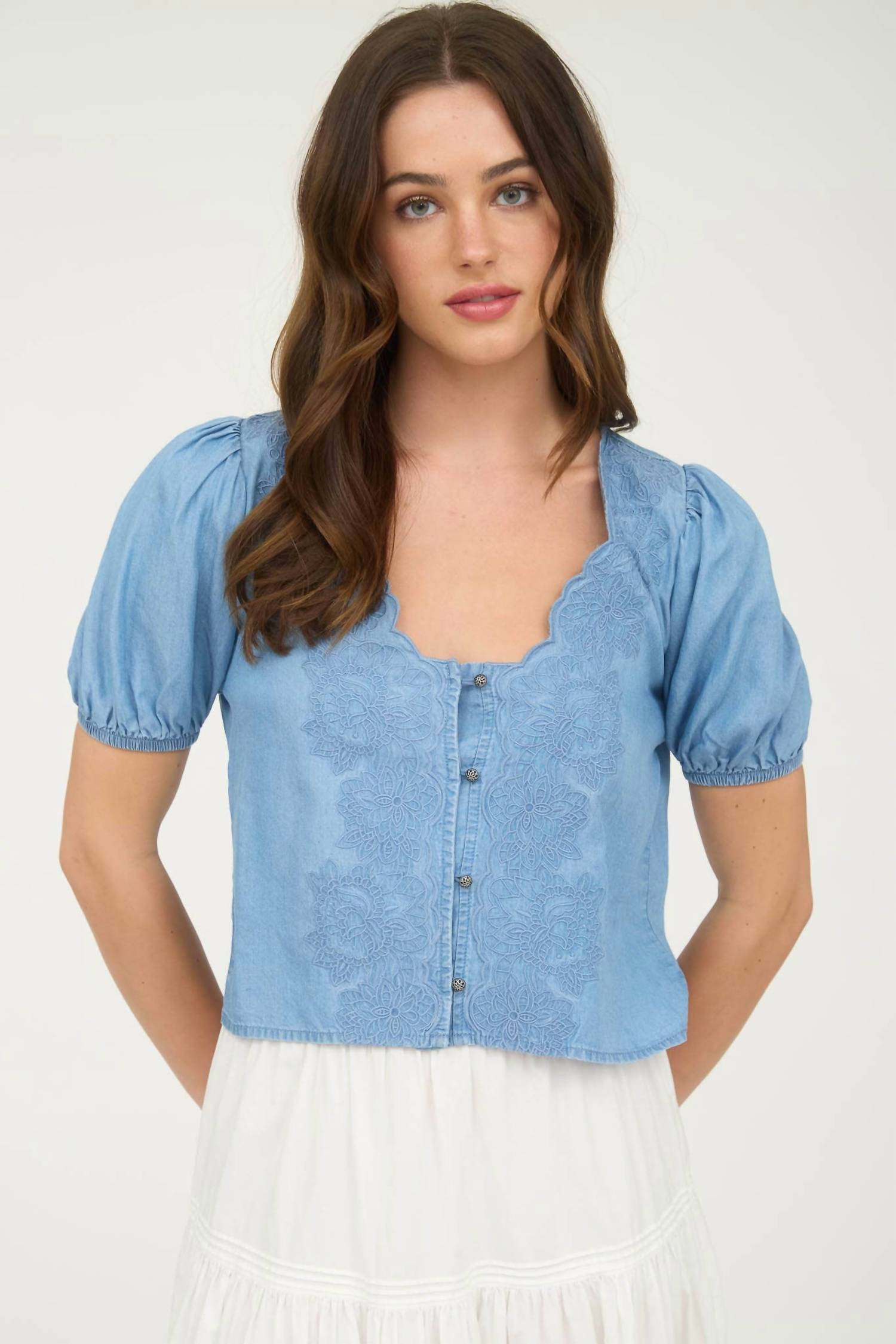 Blu Pepper - Kennedy Scallop Trim Embroidered Blouse