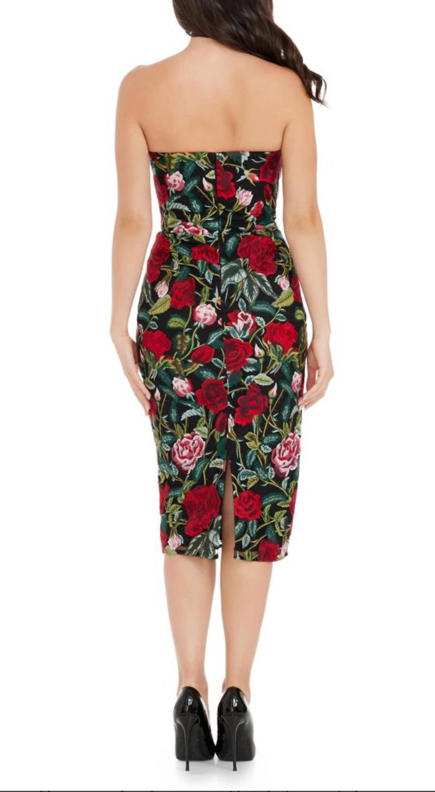 DRESS THE POPULATION Cosette Floral Embroidered Strapless Bodycon Dress in green - women's dress - detail view