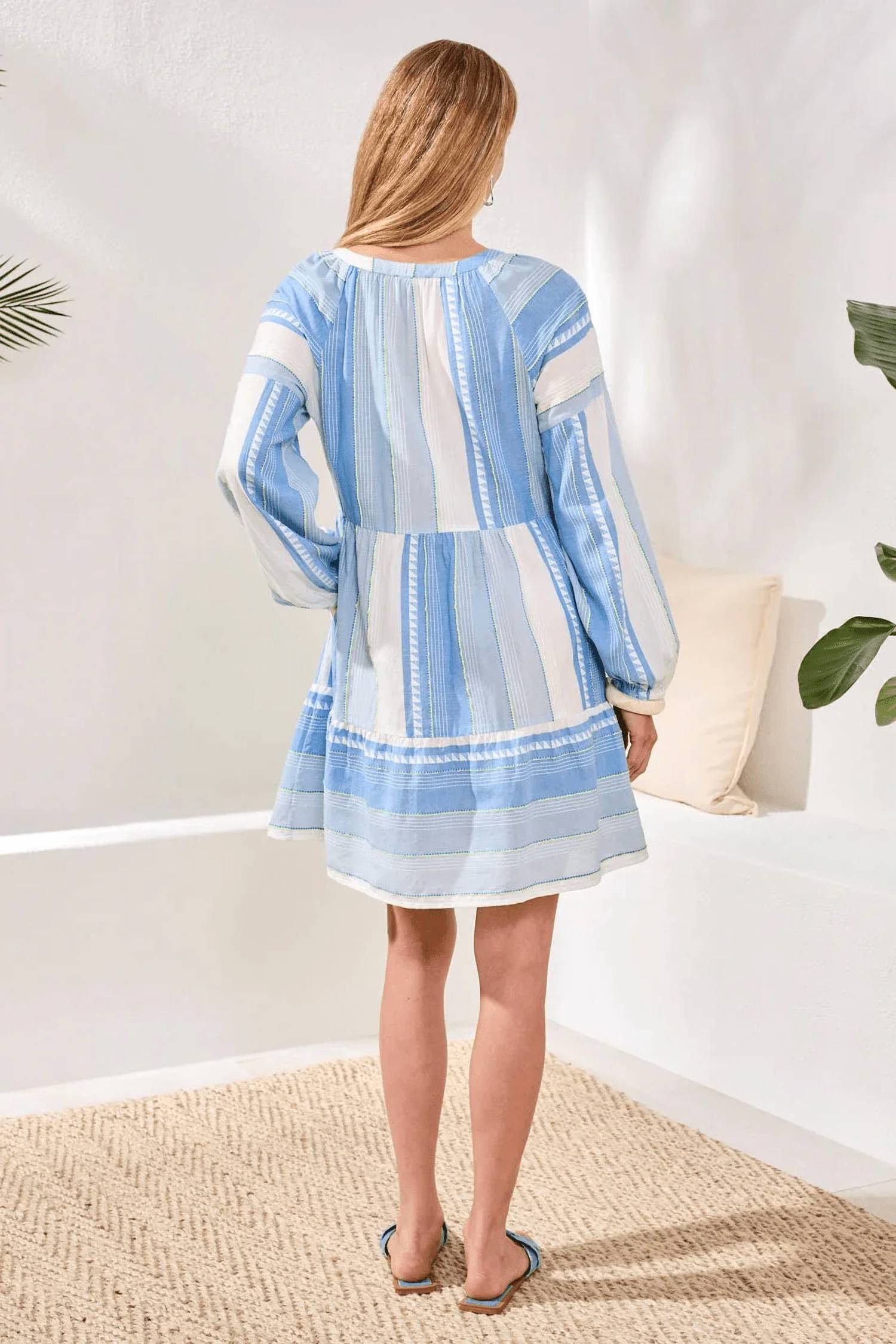 Tribal - Jacquard Balloon Sleeves Tiered Mini Dress