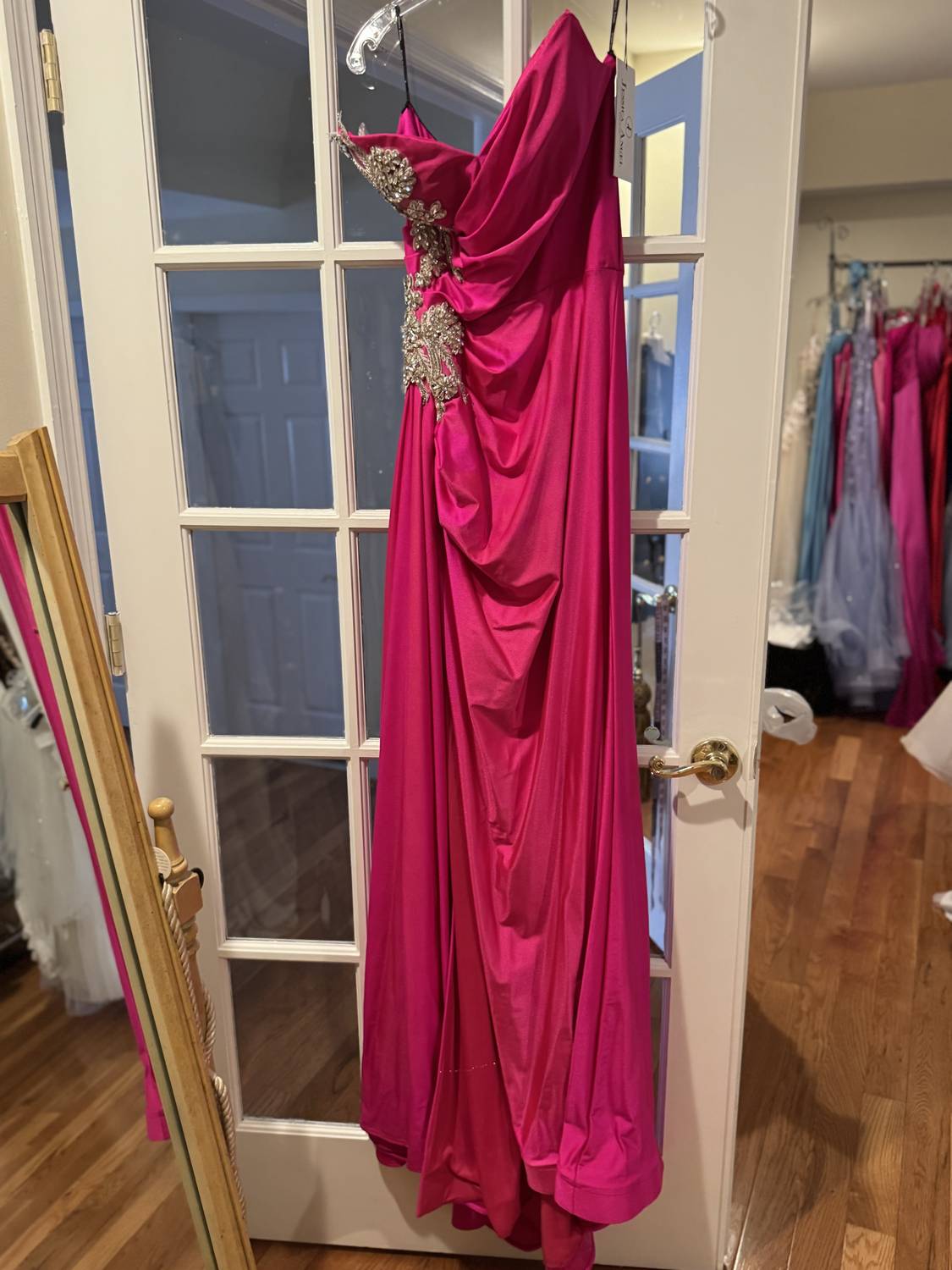 JESSICA ANGEL Crystal-Beaded Appliqué Strapless Gown in fuschia - women's dress
