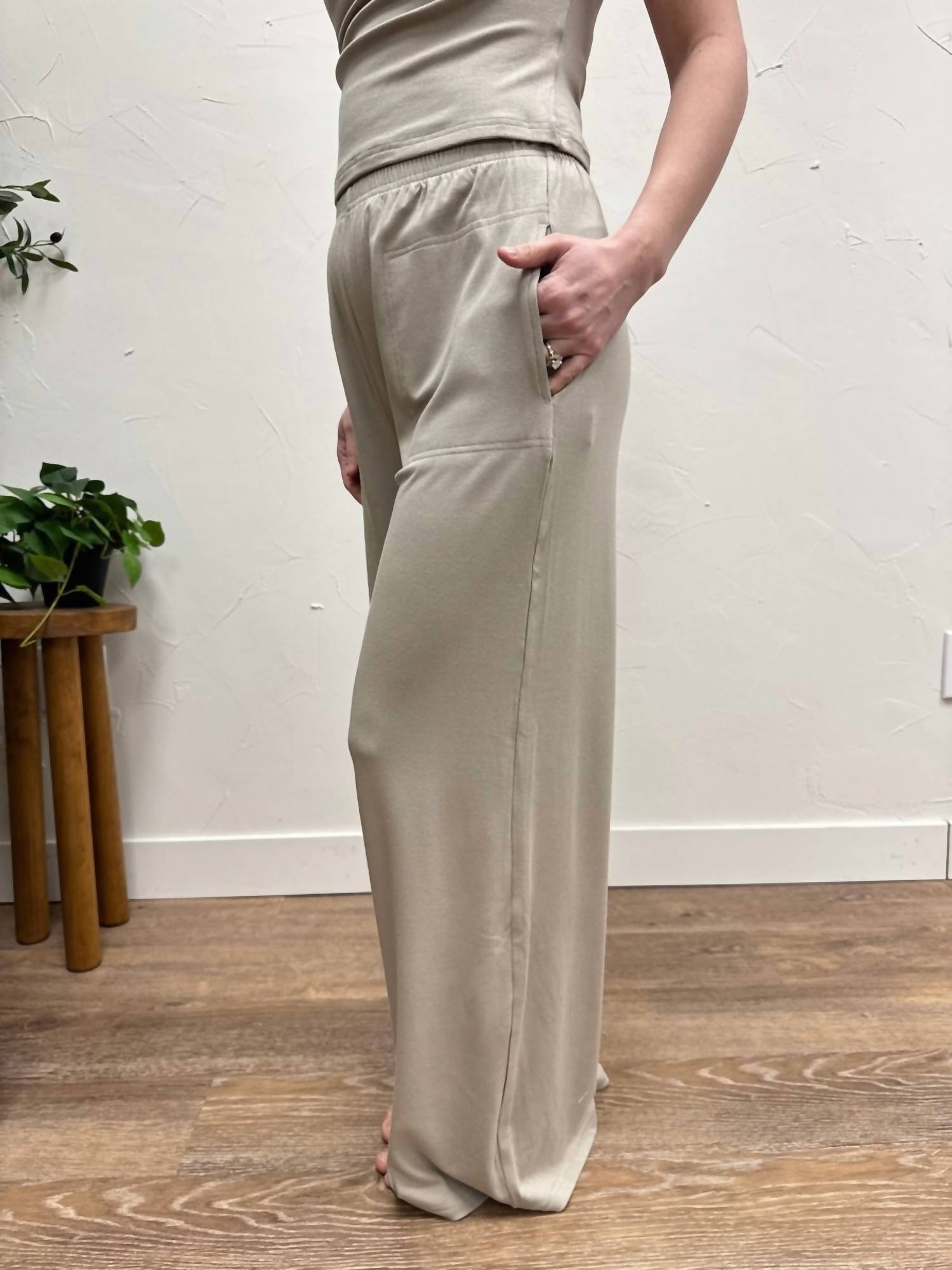By Together Elastic Waist Wide Leg Pants in taupe - women's pants - detail view