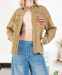 Blue Velvet - Women's Aztec Embroidered Button Down Twill Jacket