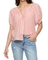 Flags & Anthem Carolina Pucker Short Sleeve Button Front Peasent Blouse in pink plaid - women's blouse