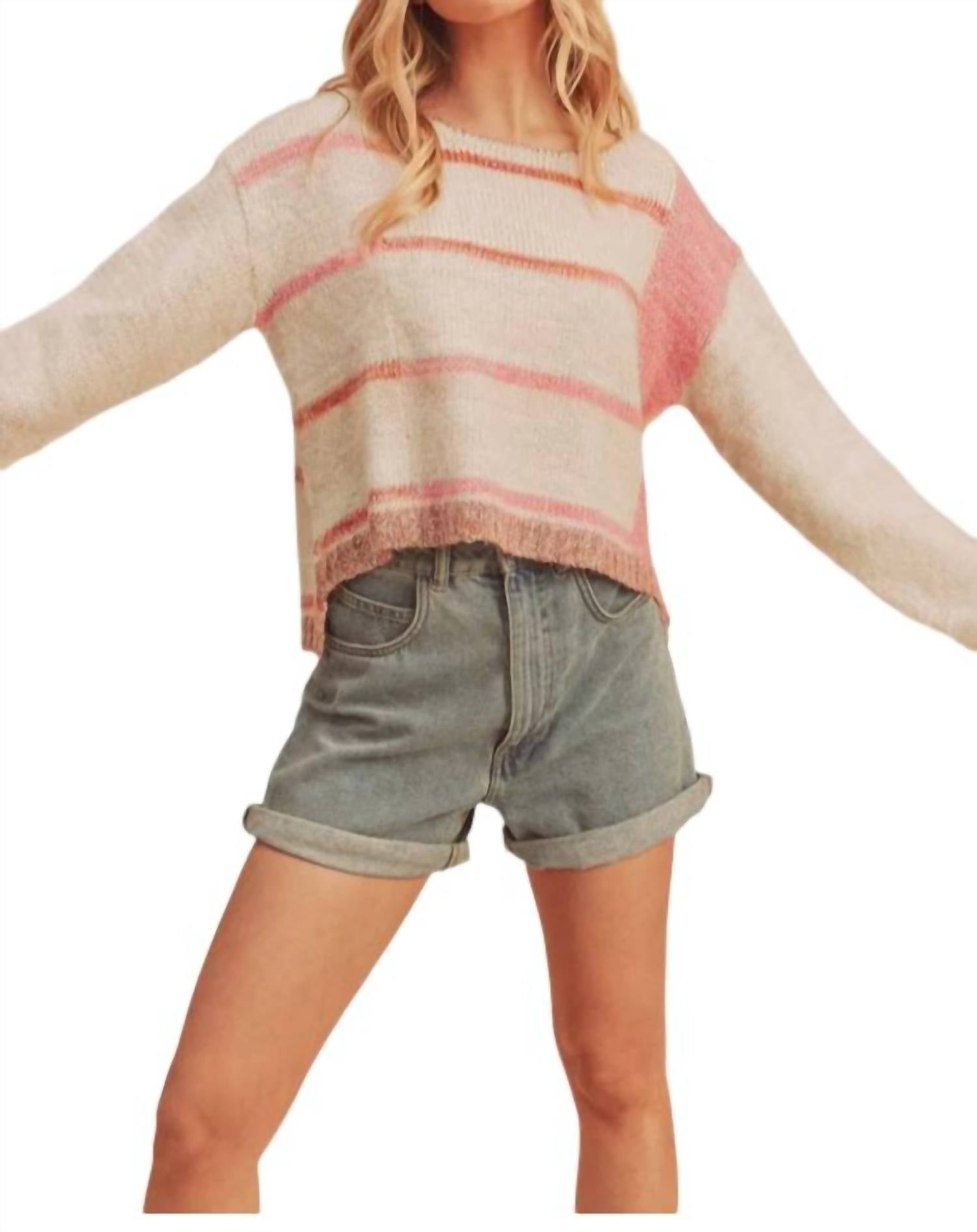 AEMI + CO Mona Knit Stripe Pullover Sweater in white pink - women's sweater