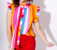 THML Color Pop Stripe Flutter Sleeve Top in sunset - women's blouse - view 5