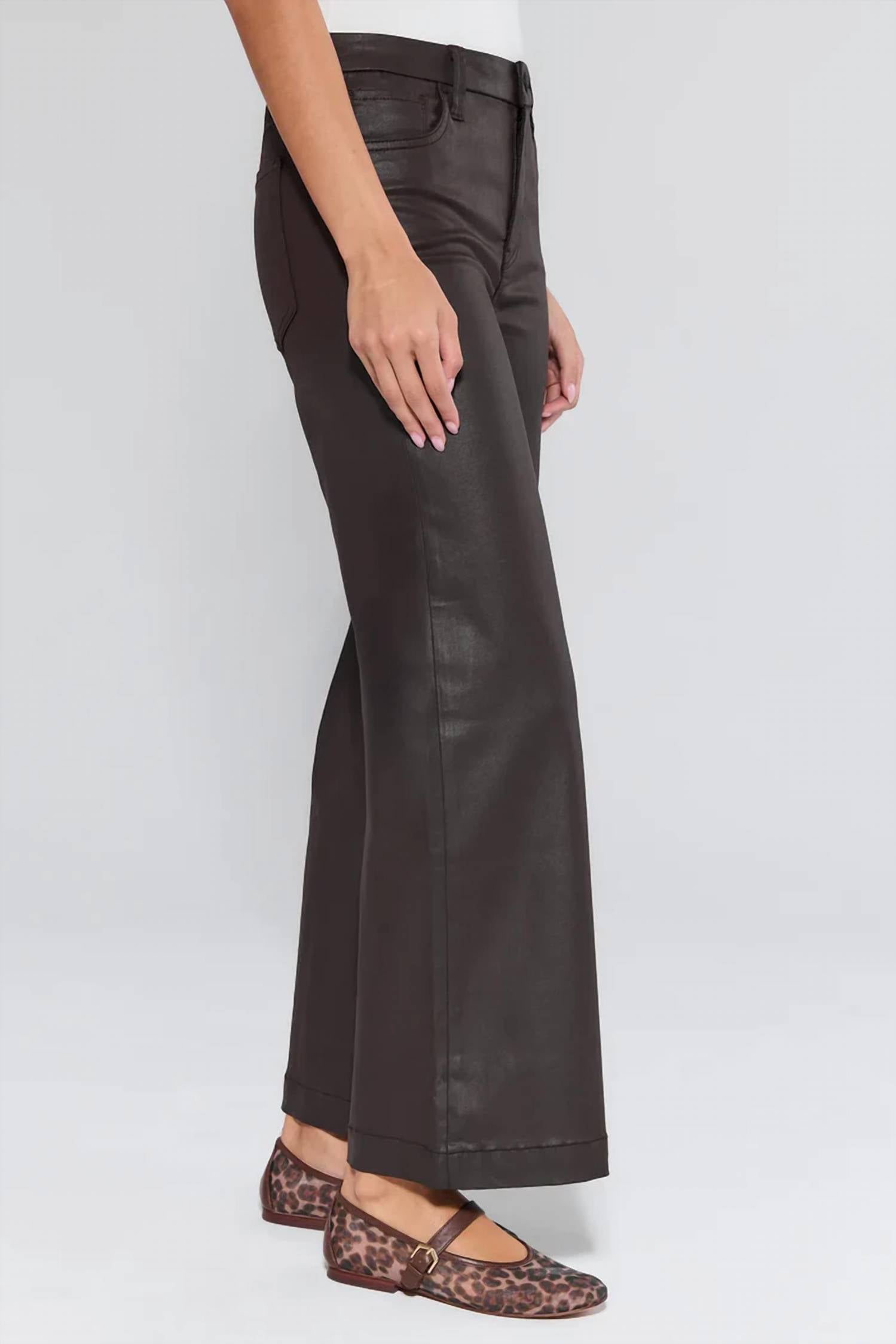 KUT FROM THE KLOTH Meg High Rise Wide Leg Coated Canvas Pants in chocolate 1 - women's pants - detail view