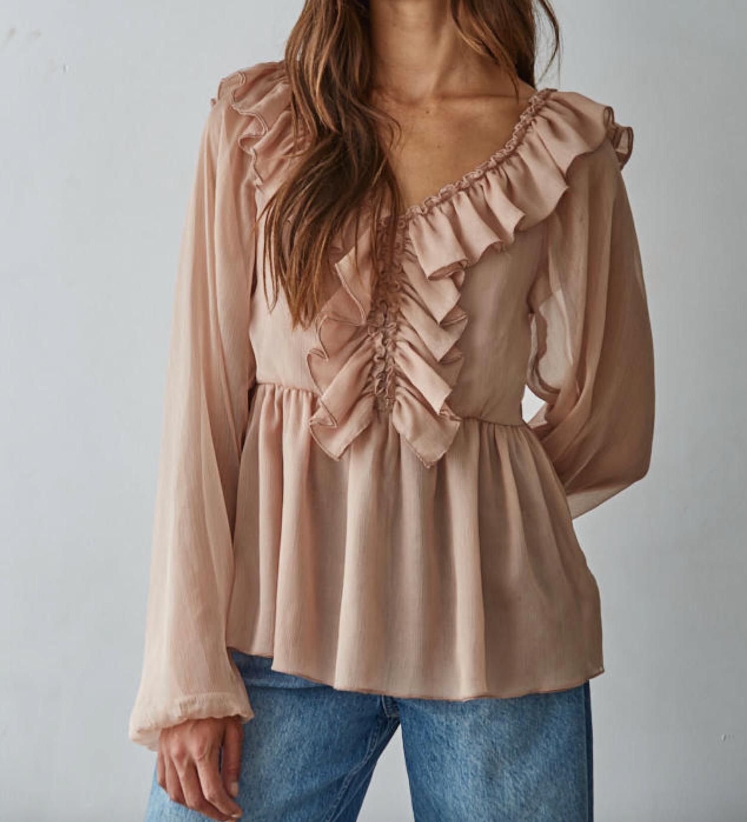 By Together Dreamy Cascade Ruffle Top in pale brown - women's blouse