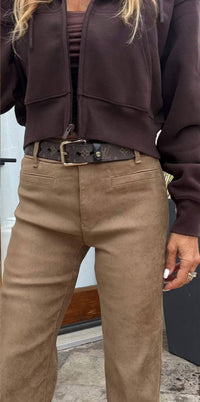 BEVY FLOG Tami Velvet Suede Feel Pants in camel - women's pants - detail view