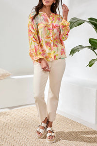 TRIBAL Flowy Dolman Sleeve Blouse With Self-covering Buttons in multi - women's blouse - detail view