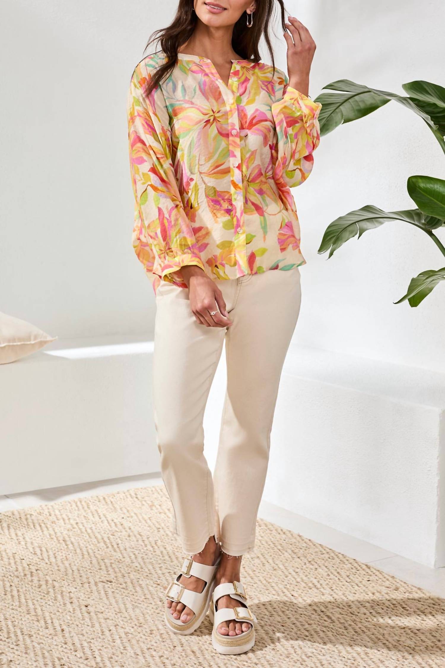 TRIBAL Flowy Dolman Sleeve Blouse With Self-covering Buttons in multi - women's blouse - detail view