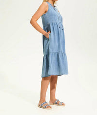 Fdj - Light Denim Tiered V-neck Midi Dress