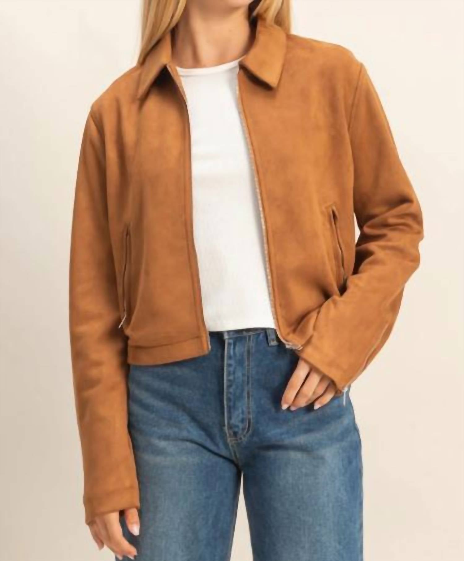 HYFVE Mandy Suede Zip Bomber Jacket in camel - women's jacket
