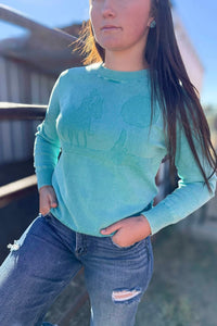 Rowdy Crowd Like A Cowboy Sweater in turquoise - women's sweater - detail view