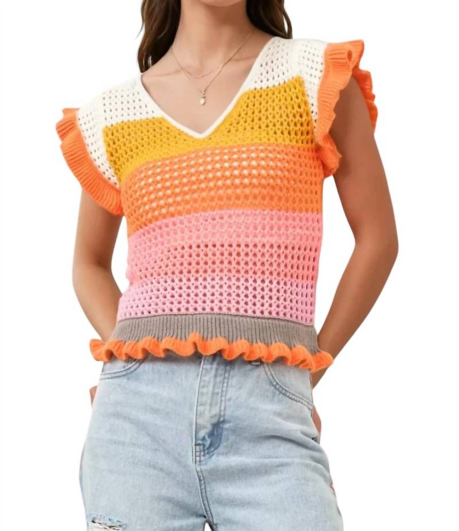 Blue B - Keesha Crochet Knitted Multi Stripe Ruffle Sleeve Top