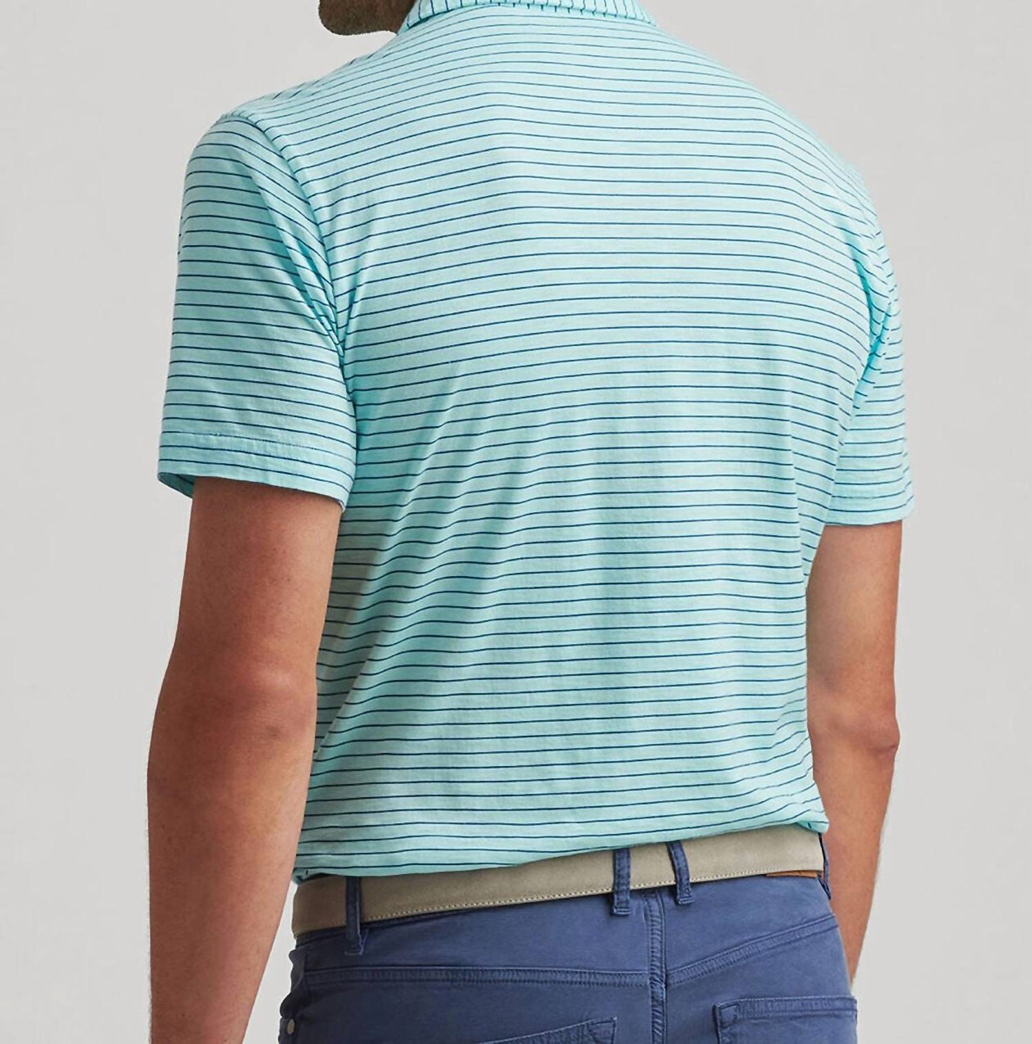 PETER MILLAR Journeyman Stripe Short Sleeve Polo in blue spruce - men's shirt - detail view