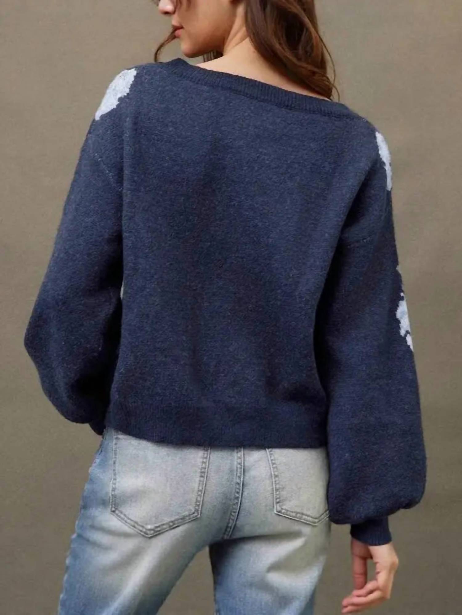 Rosa Clothing Casual Vintage Floral Pattern Pullover Sweater - Plus in blue - women's sweater - detail view