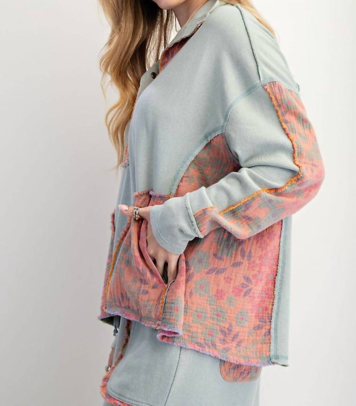 Easel - Floral Print Mock Neck Washed Terry Pullover