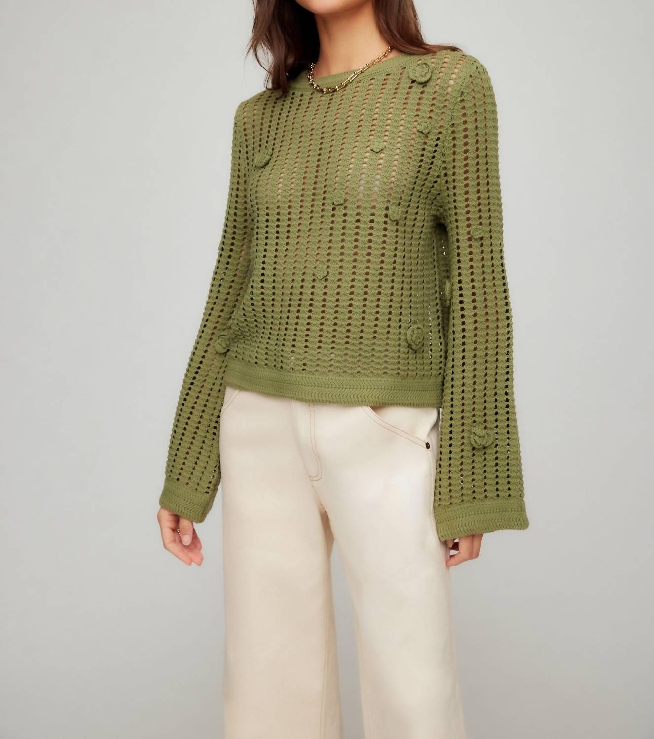 Fifteen Twenty Liv Crochet Sweater in olive - women's sweater - detail view