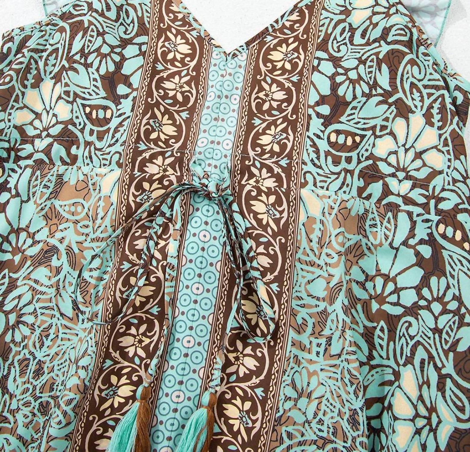 Lovesoft - Floral Print V Neck Ruffled Trim Backless Tassel Waist Maxi Dress