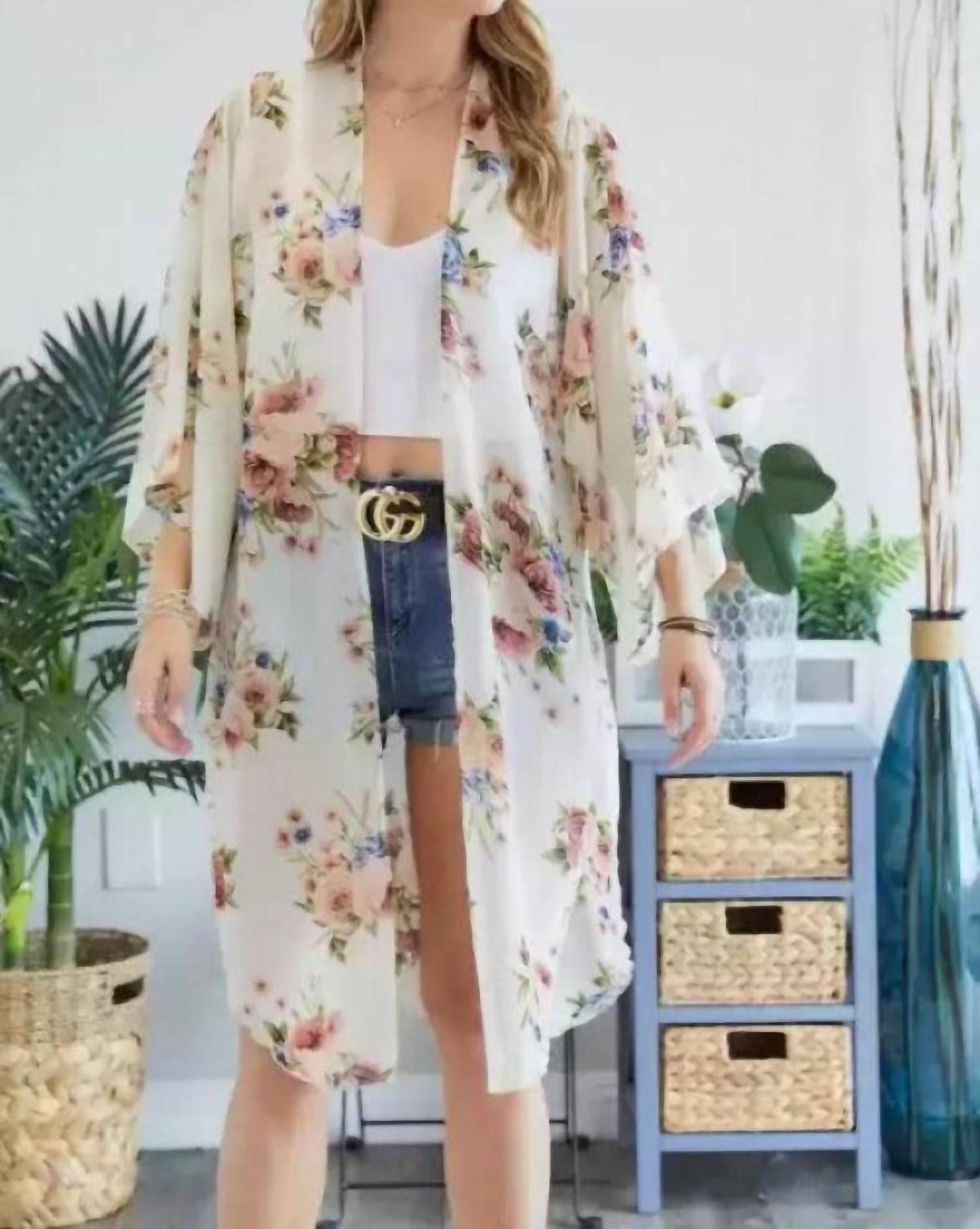 ADORA Chiffon Floral Print Three Fourth Sleeve Kimono in ivory and blue - women's cardigan