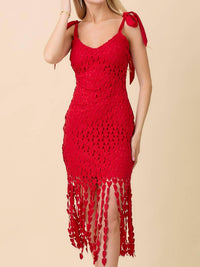 Main Strip - Shoulder Strap Tie With Heart Lace Fringe Dress