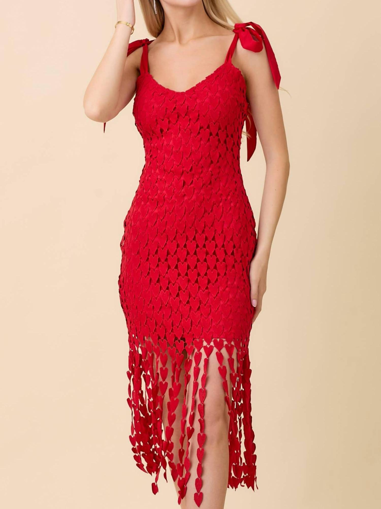 Main Strip - Shoulder Strap Tie With Heart Lace Fringe Dress