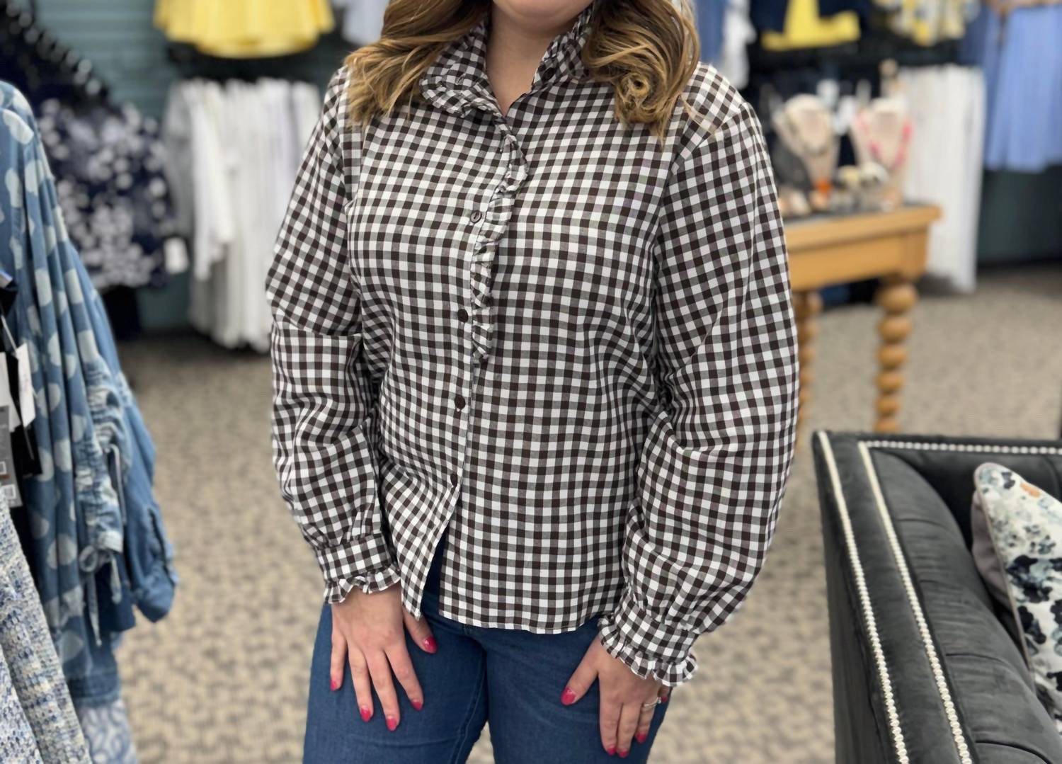 Rosa Clothing - Gingham Check Plaid Ruffled Detail Blouse