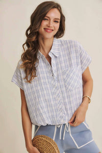 In February - Coastal Casual Crinkled Plaid Bubble Hem Top