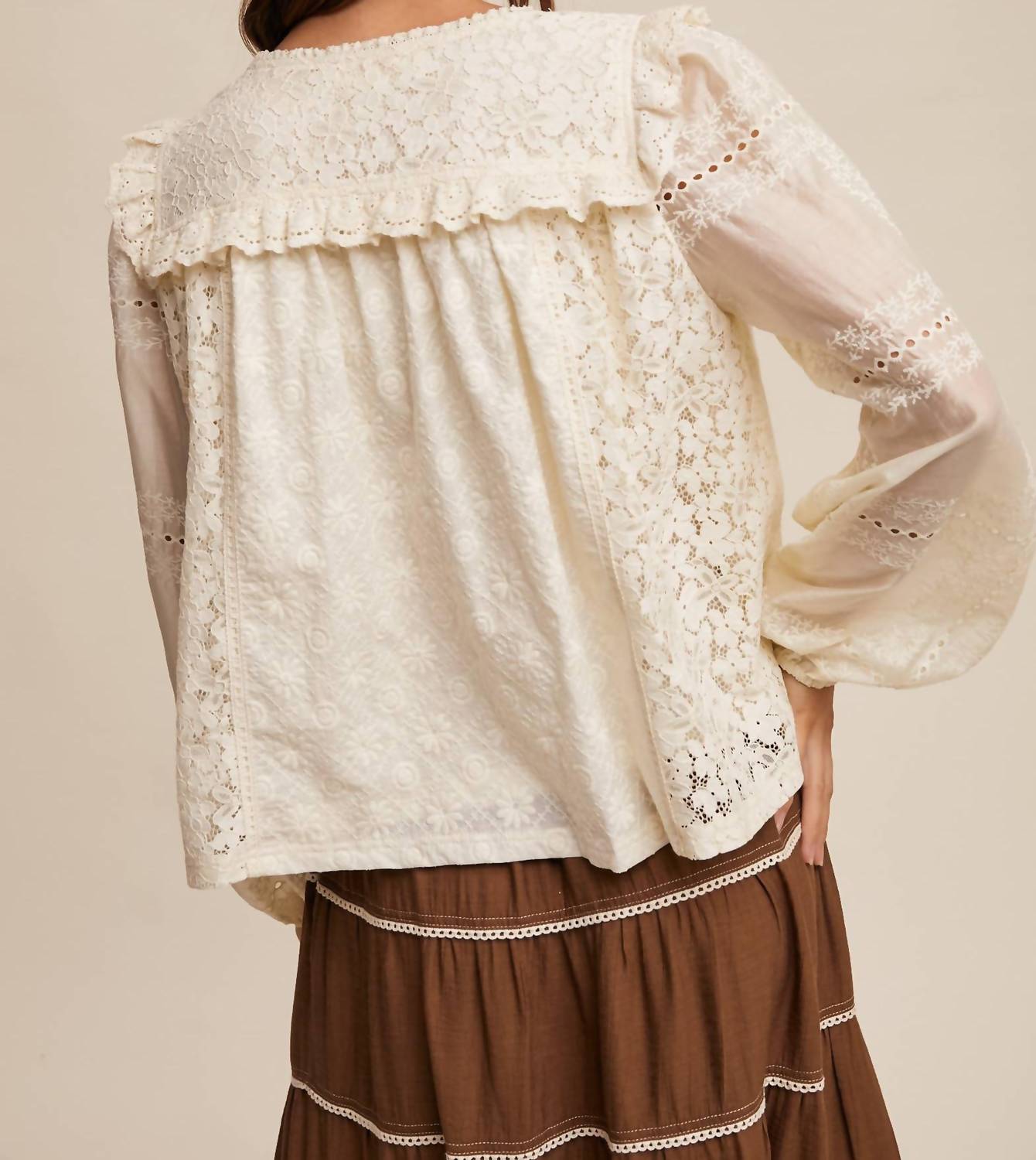 Listicle Britt Embroidered Lace Blouse in ivory - women's blouse - detail view