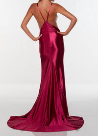 ALYCE PARIS Splendid Halter Neck High Slit Evening Dress in cranberry - women's dress - detail view