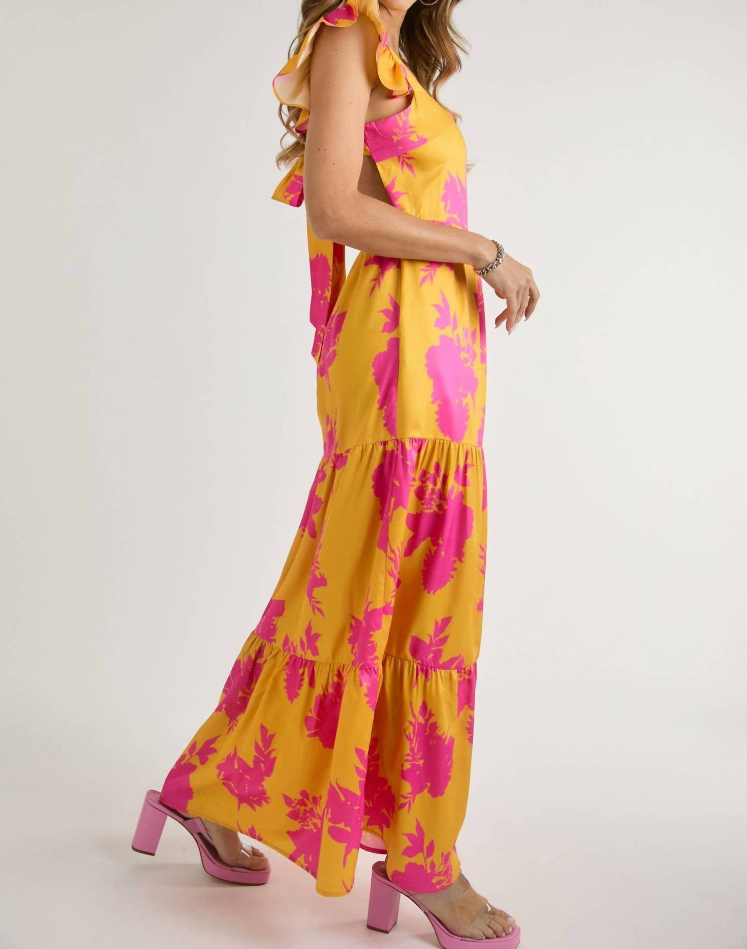J.Nna - Floral Print Ruffle Short Sleeve Maxi Dress