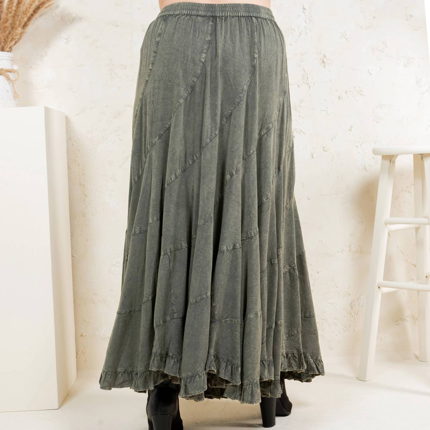 Young Threads Asymmetrical Maxi Skirt in olive gravel - women's skirt - detail view