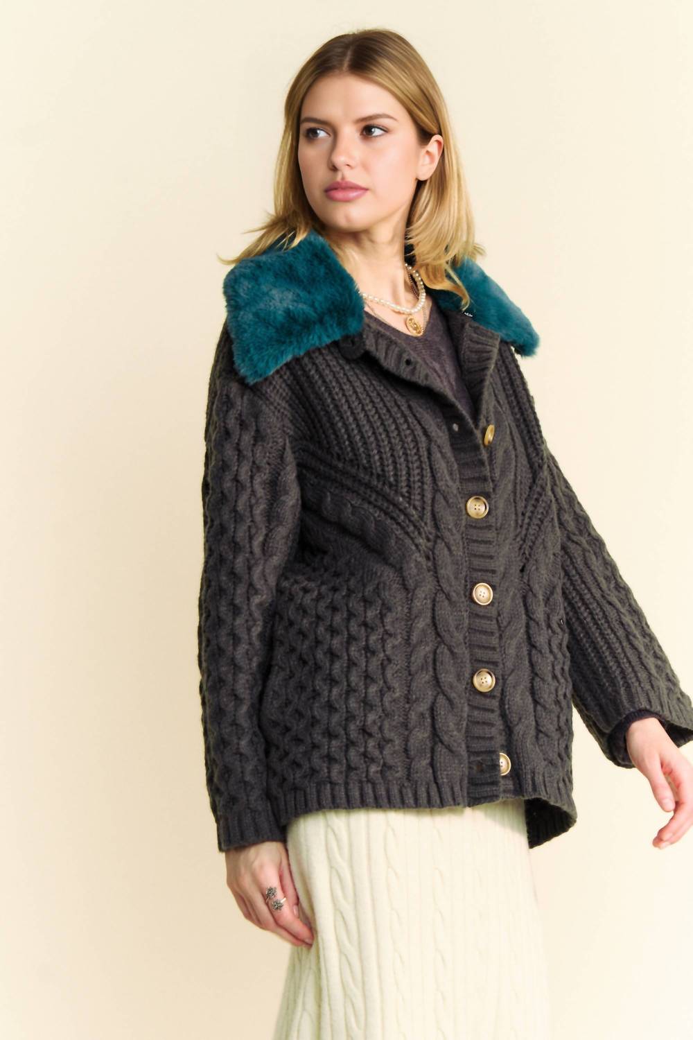 DAVI & DANI Fluffy Cable Knit Cardigan Top in charcoal - women's cardigan - alternate view
