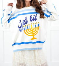 Queen Of Sparkles - "get Lit" Menorah Stripe Sweater