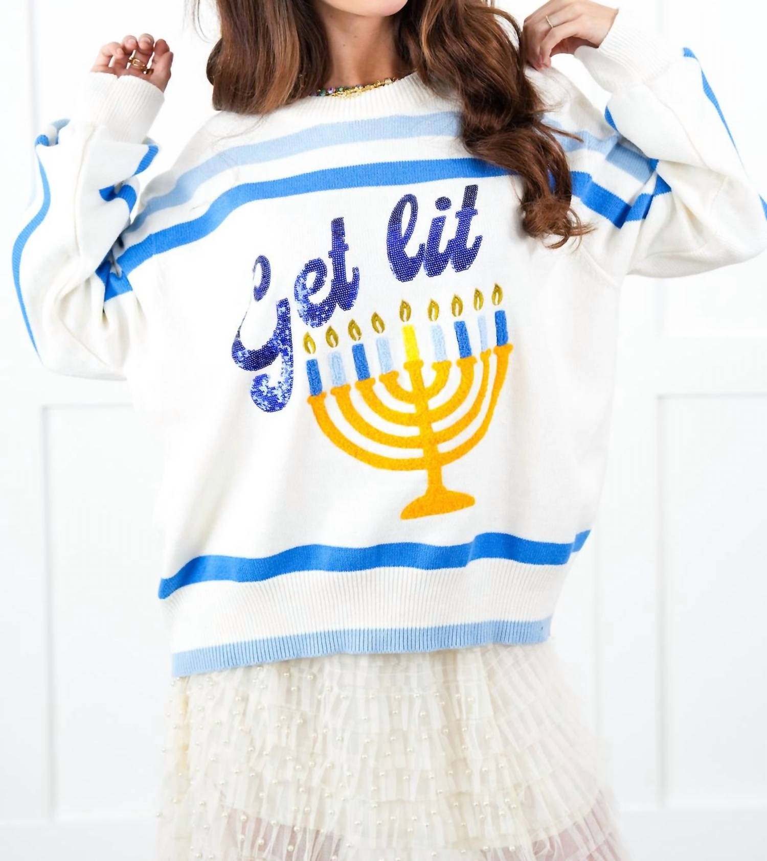 Queen Of Sparkles - "get Lit" Menorah Stripe Sweater