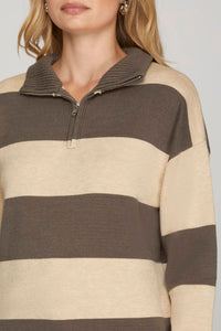 She + Sky - LONG SLEEVE HALF ZIP STRIPED SWEATER