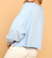 Peach Love Cowgirl Cropped Rhinestone Sweatshirt in baby blue - women's shirt - detail view
